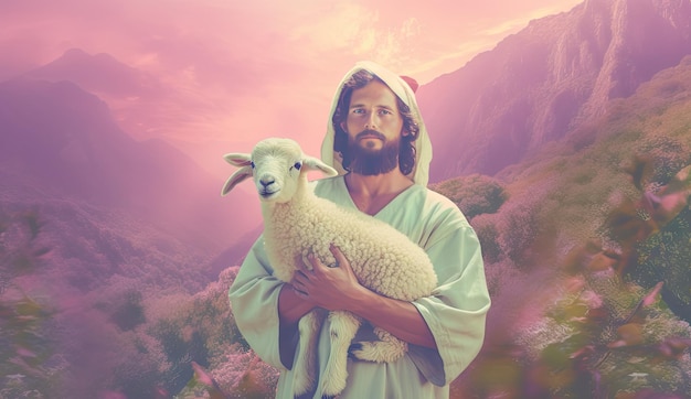 Foto jesus recuperou a ovelha perdida levando-a em seus braços tema conceitual da história bíblica