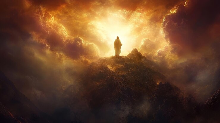 Foto jesus rejeita a tentação de satanás de poder mundano no monte comprometido a adorar apenas a deus