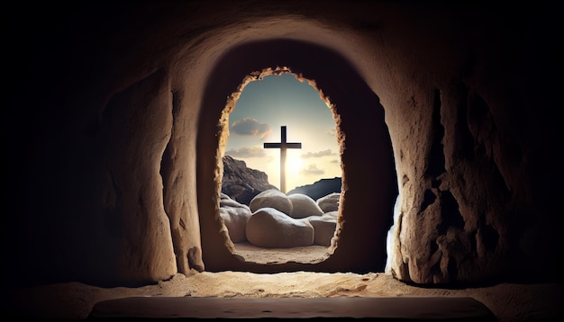 Jesus ressuscitou ilustração de um túmulo vazio de dentro com uma cruz ao fundo Ilustração do cartão de Páscoa