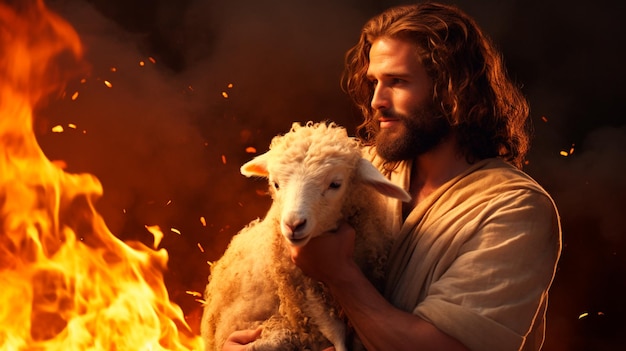 Foto jesús salva a un cordero del fuego eterno