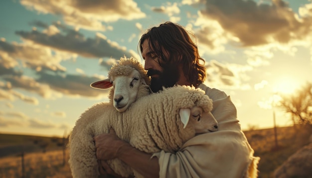 Foto jesus segura suas ovelhas na frente das nuvens