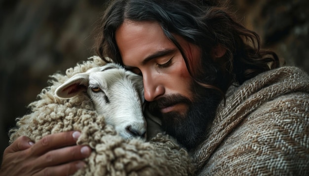 Foto jesus segura uma ovelha nos braços