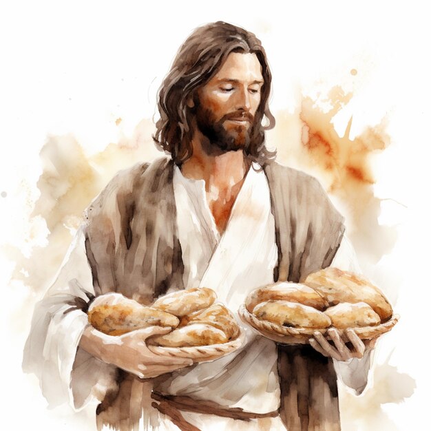 Foto jesus segurando uma bandeja de pão com um monte de pão em suas mãos