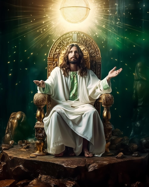 Jesus sentado em um trono com o sol atrás dele