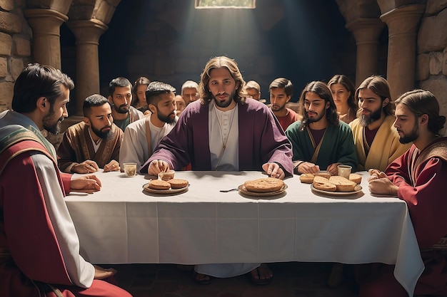 Foto jesús se sentó con sus discípulos para la santa comunión