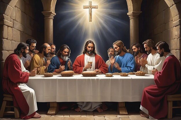 Foto jesús se sentó con sus discípulos para la santa comunión