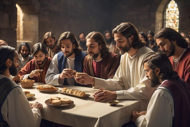 Foto jesús se sentó con sus discípulos para la santa comunión