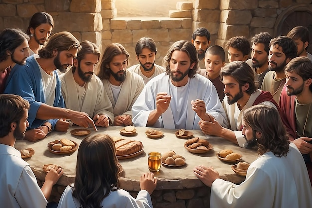 Foto jesús se sentó con sus discípulos para la santa comunión