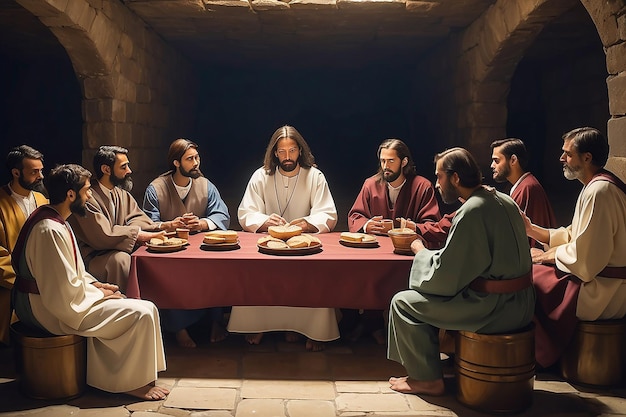 Foto jesús se sentó con sus discípulos para la santa comunión