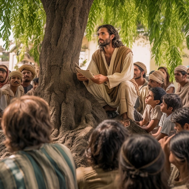 Foto jesús en el sermón de la montaña bienaventuranzas discípulos y multitud predicando el evangelio