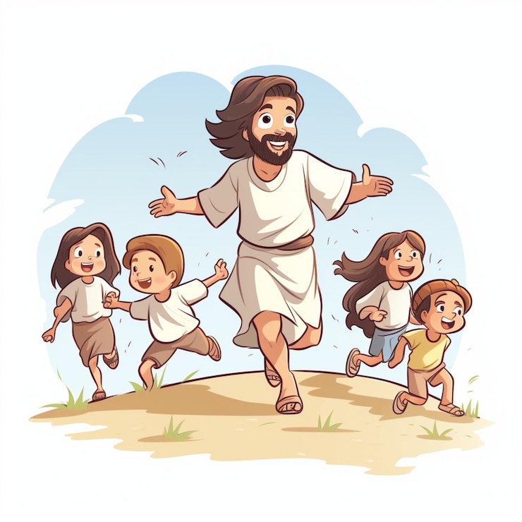 Jesus sitzt und Kinder im Alter von 24 Jahren rennen zu ihm