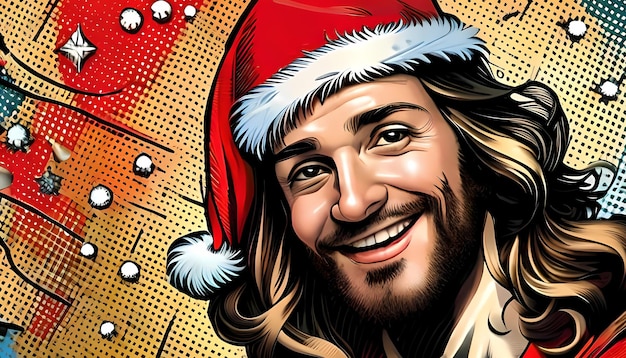 Jesús sonriente con sombrero de Navidad Ilustración generativa de IA estilo cómic