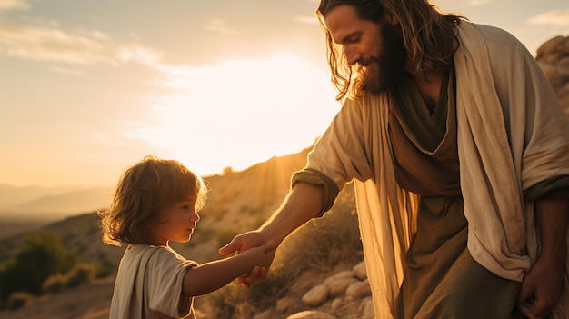 Foto jesús sostiene la mano del niño al atardecer