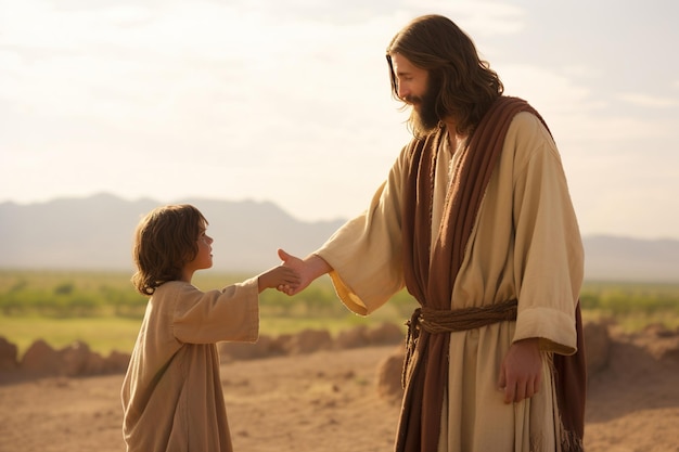 Jesus spricht mit einem kleinen Jungen. Jesus und Kinder. KI-Generierung