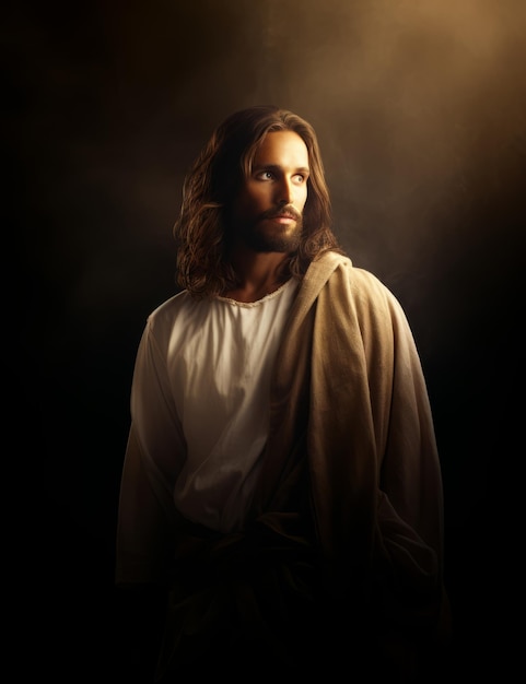 Jesus steht vor einem dunklen Hintergrund