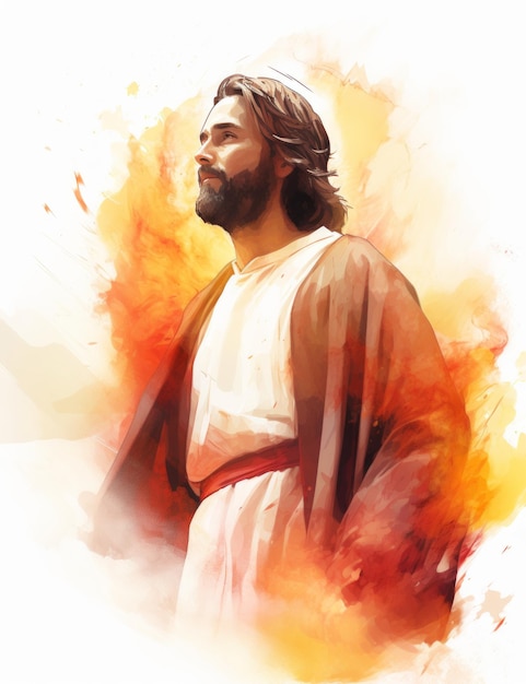 Jesus steht vor einem orange-weißen Hintergrund