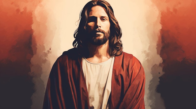 Jesus steht vor einem orangefarbenen Hintergrund