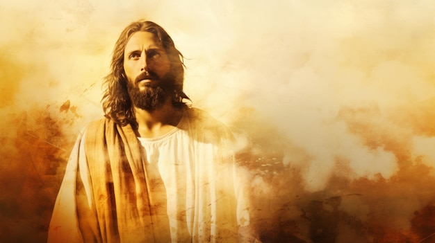 Jesus steht vor einem orangefarbenen Hintergrund