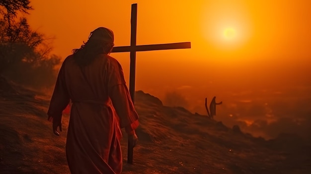 Jesus und Kreuz auf dem Golgatha-Hügel Roter Himmel Sonnenuntergang Morgendämmerung Christus Generative AI