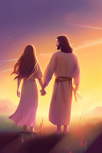 jesus und maria gehen bei sonnenuntergang auf dem feld generative ai