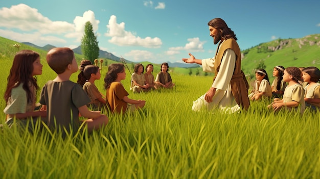 Jesus unterrichtet Kinder auf einer grünen Wiese. Er hat helle Haut. Erzeugt KI