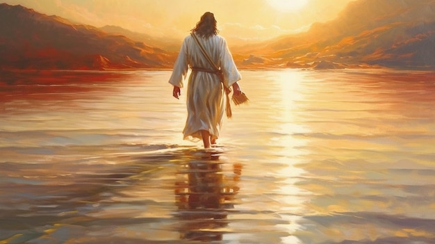 Jesús se ve en una pintura al óleo artística caminando sobre el agua con el fondo iluminado por el sol GENERAR IA