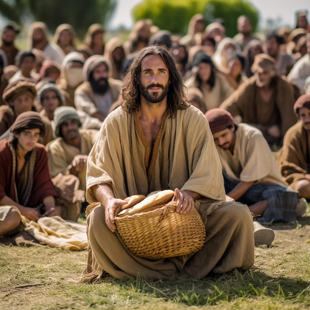 Jesus vervielfacht die Brote und die Fische. Die Jünger drängen sich und hören der Predigt zu