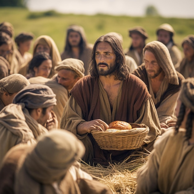 Jesus vervielfacht die Brote und die Fische. Die Jünger drängen sich und hören der Predigt zu