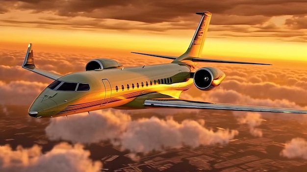 Jet de avión comercial durante un concepto de viaje de transporte de lujo al atardecer