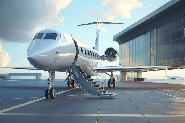 Foto jet corporativo blanco moderno con una puerta de pasarela bajada en la plataforma del aeropuerto