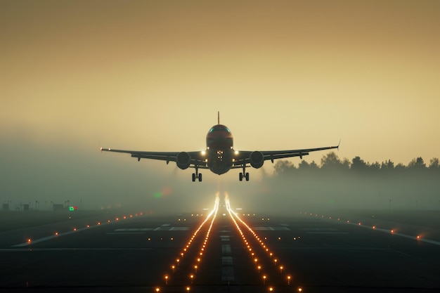 Jet de passageiros decolando de uma pista de pouso no nevoeiro As luzes da pista são mal visíveis e há árvores à distância