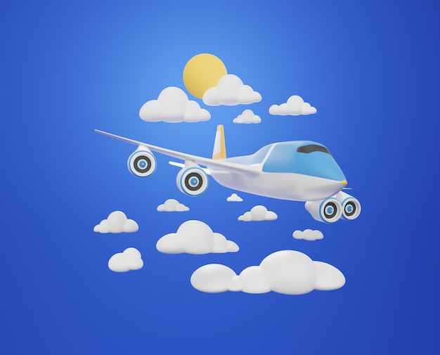 Jet de ilustración 3d volando en cielo azul nubes blancas y sol en el fondo concepto de viaje de negocios