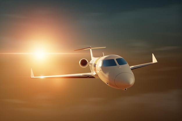 Jet de negocios privado blanco en el fondo de la puesta de sol en el cielo nubes esponjosas Vuelos de negocios jet privado vida de lujo viajes corporativos viajes de lujo ilustración 3D render 3D