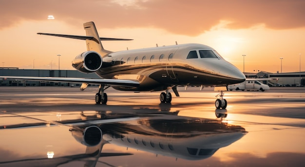 un jet privado al atardecer estacionado al aire libre