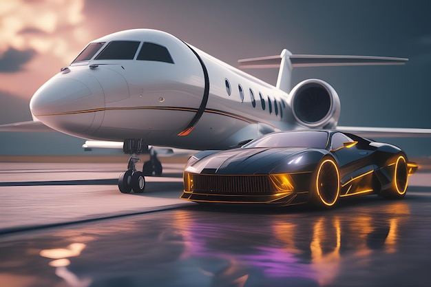 Jet privado de luxo e uma limusine de luxo de luxo carro privado papel de parede 4k