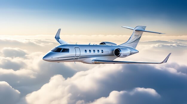 Foto jet privado ejecutivo volando alto en el cielo azul generado por ia