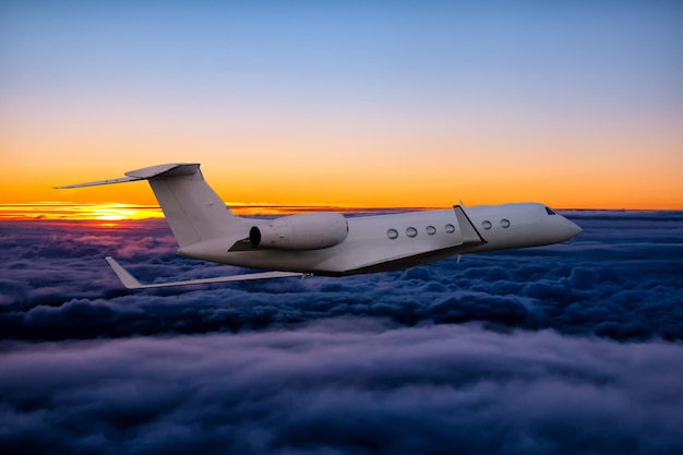 Jet privado moderno blanco vuela en el cielo del atardecer