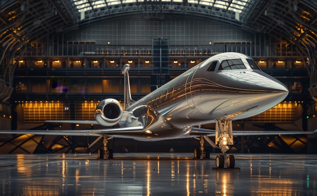 Foto jet privado reactivo blanco el tren de aterrizaje delantero y la escalera en la pista del hangar del aeropuerto al atardecer