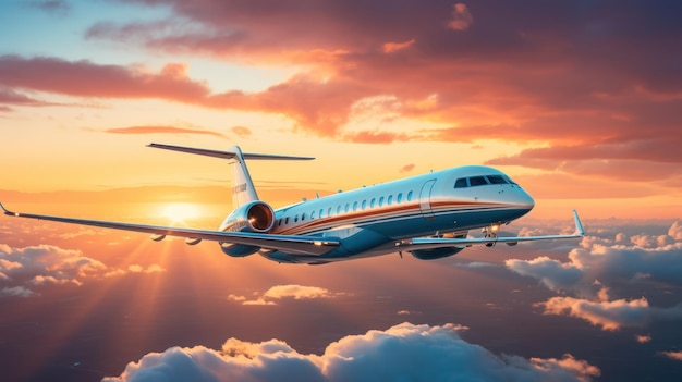 Jet privado volando en el cielo azul con nubes blancas en el fondo Concepto de viaje de negocios ligero al atardecer