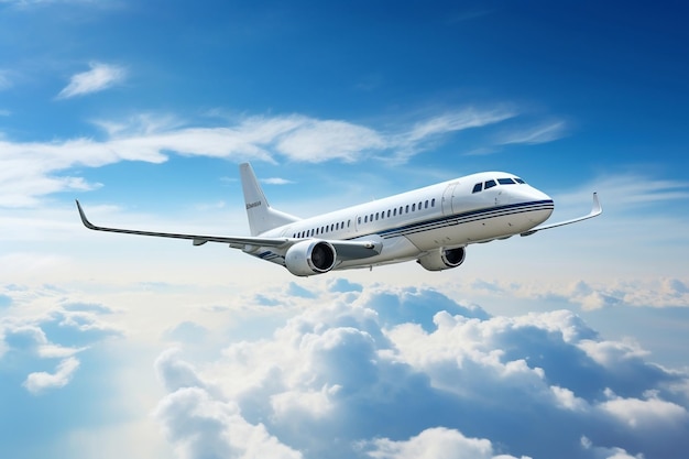 Jet privado volando sobre el cielo azul vacío