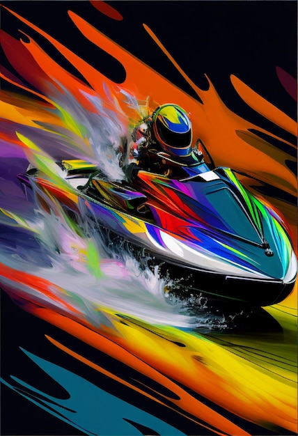 Jet ski racer de colores brillantes acelerando a través de una ola de agua generativa ai