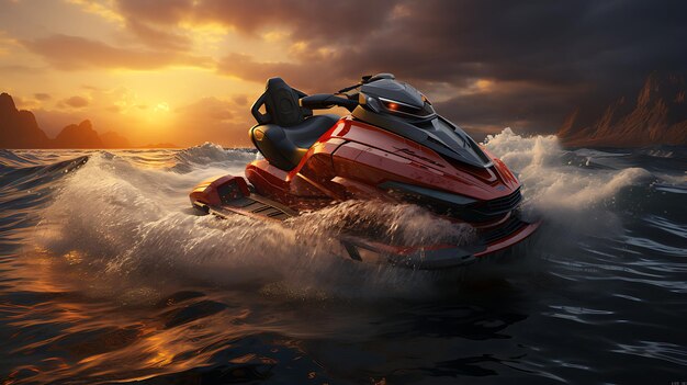 jet ski simulacro en el mar con la ola al amanecer