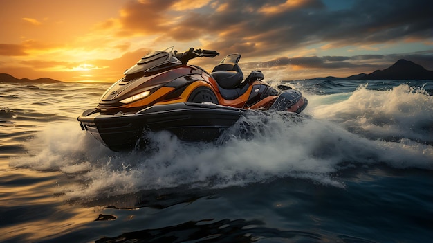 jet ski simulacro en el mar con la ola al amanecer