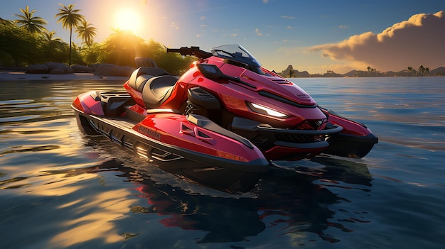 Foto jet ski simulacro en el mar con la ola al amanecer