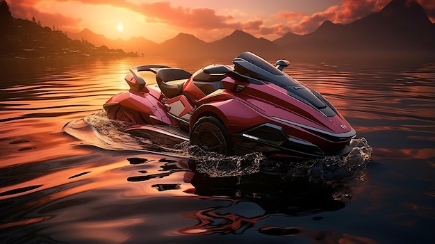 Foto jet ski simulacro en el mar con la ola al amanecer