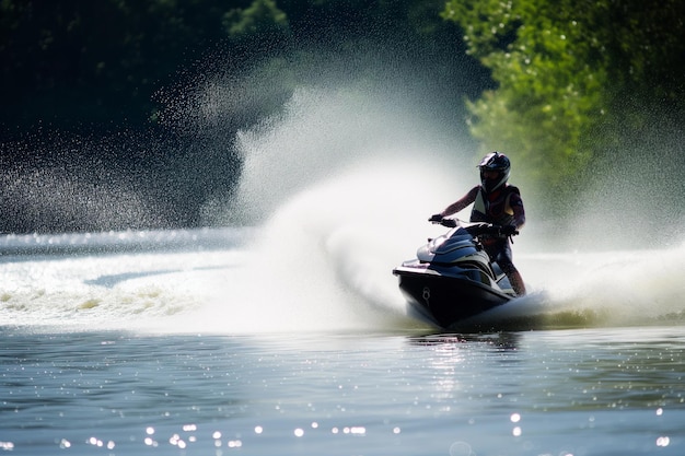 Jet skier salpicando agua en un día soleado