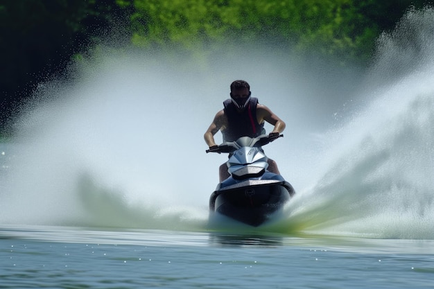 Jet-Skifahrer in Aktion mit Wasserspray hinter sich