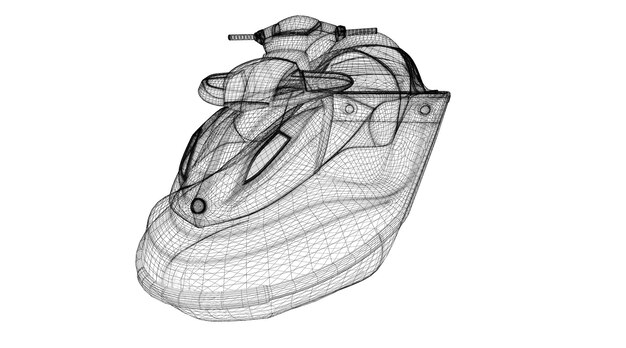 Jetski vista frontal aislado, estructura de la carrocería, modelo de alambre