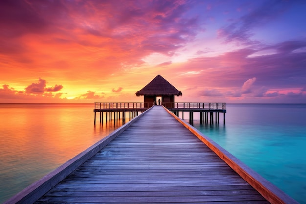 Jetty de madera al atardecer en la isla tropical de las Maldivas con bungalows acuáticos Un increíble paisaje de atardecer pintoresco atardecer de verano en las Maldivas generado por Ai