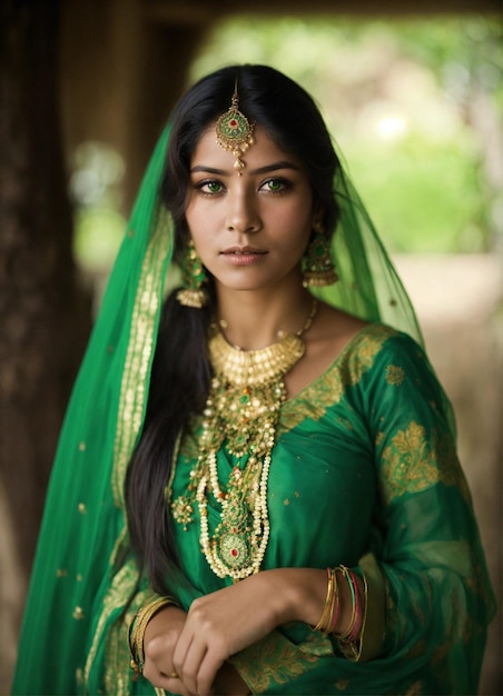 Jeune femme indienne hábito tradicional vert trs cabellos largos los ojos vert fond flou